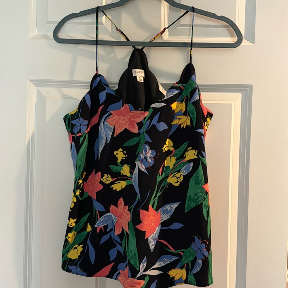 J. Crew Factory Black Floral Satin Camisole with Coral, Yellow & Green Print